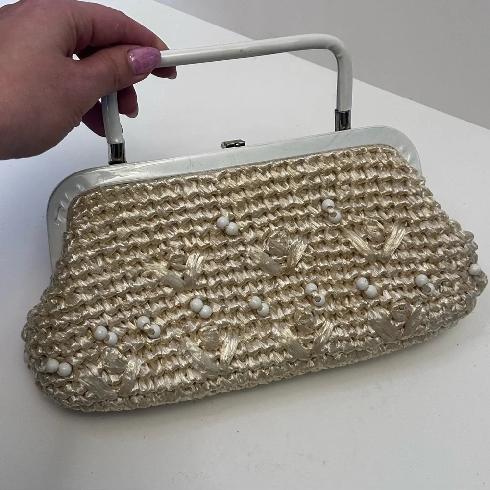 Vintage Rattan Straw Woven Purse Tan White Beaded - Picture 9 of 10